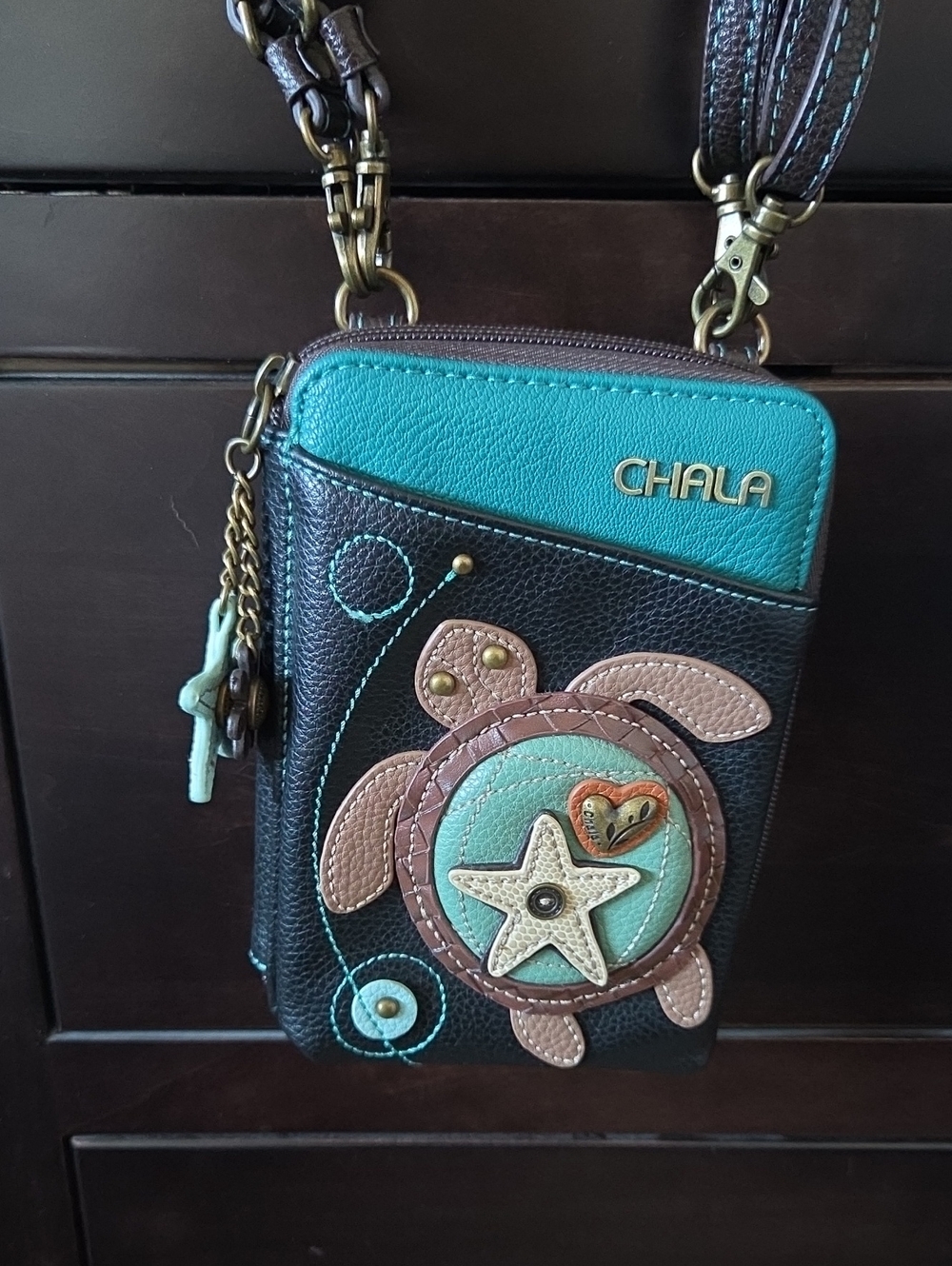 CHALA Sea Turtle Zip Around Wallet Crossbody Phone Purse Black Teal